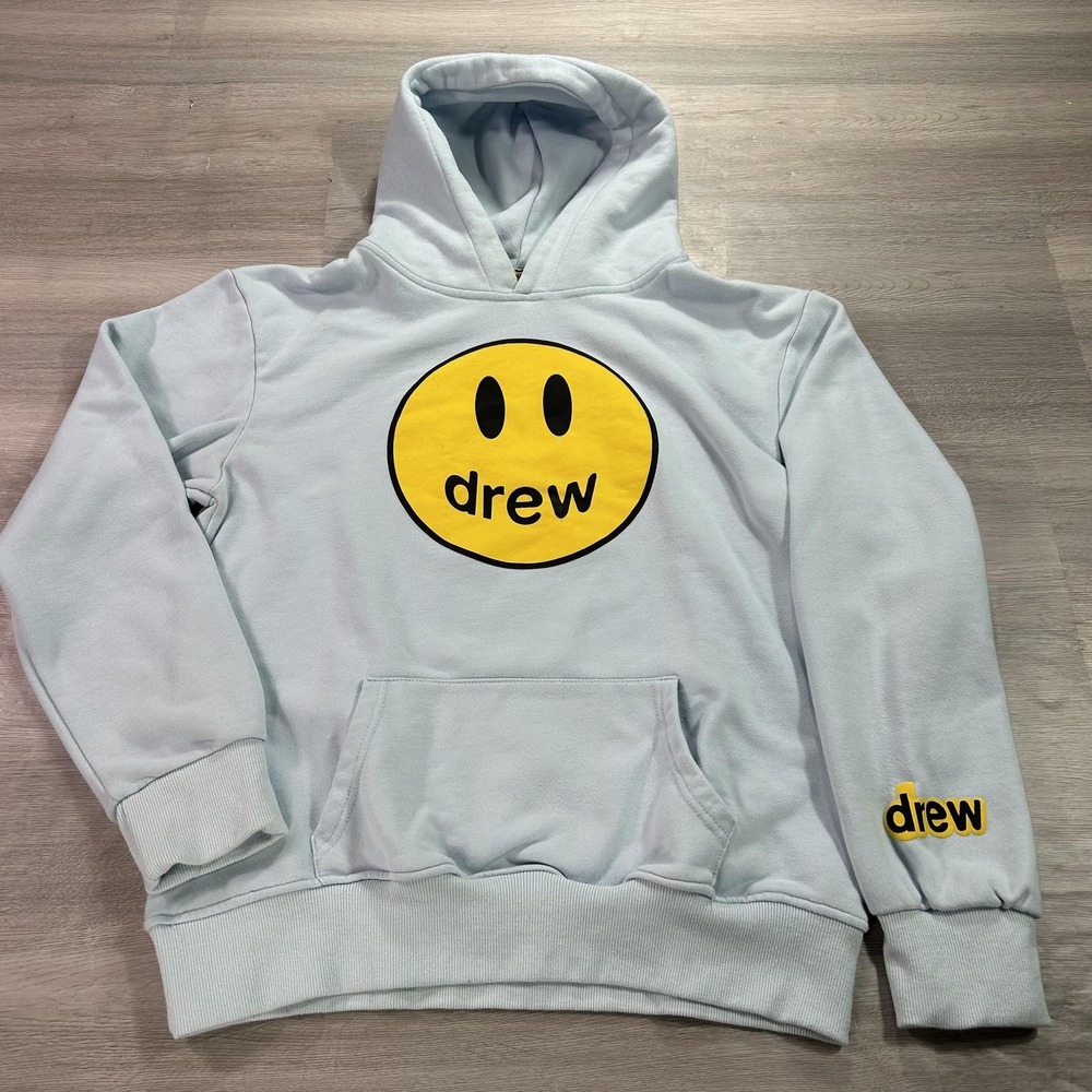 Drew House Hoodie Mens Large Blue Pullover Fleece Sweatshirt Smiley Face Logo